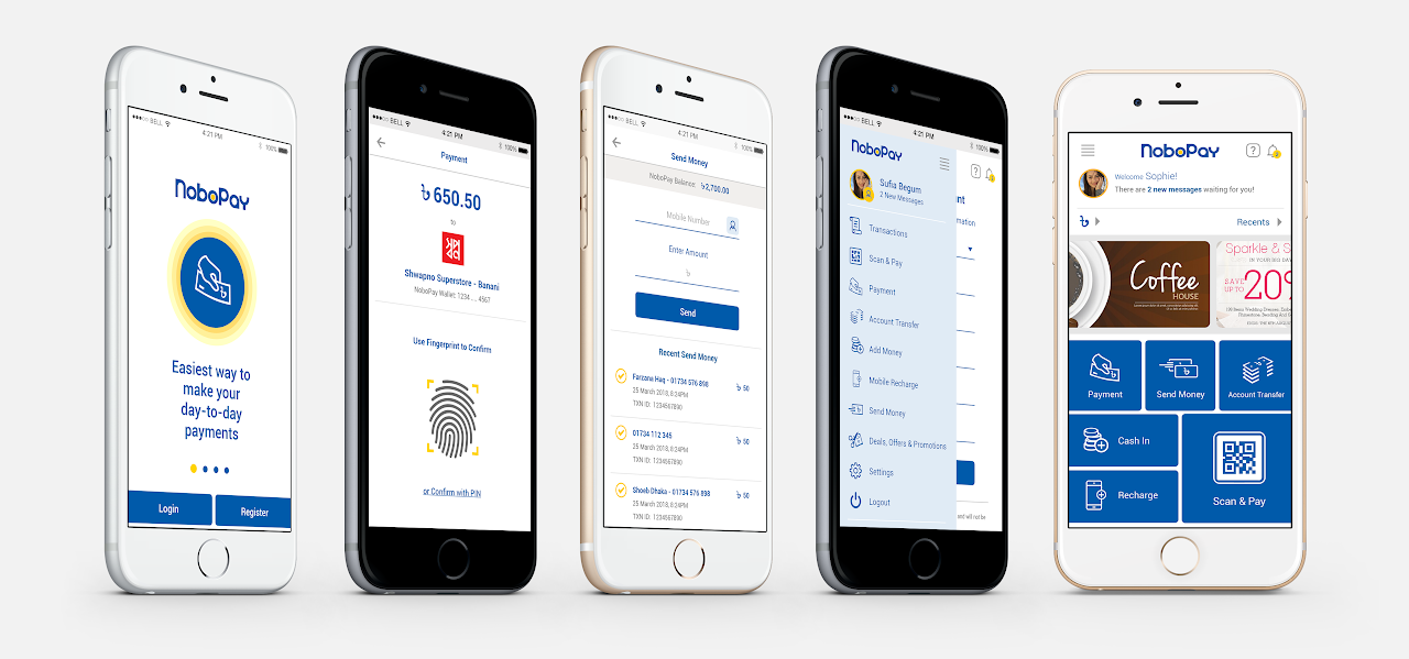 A series of NoboPay mobile-wallet interface screens