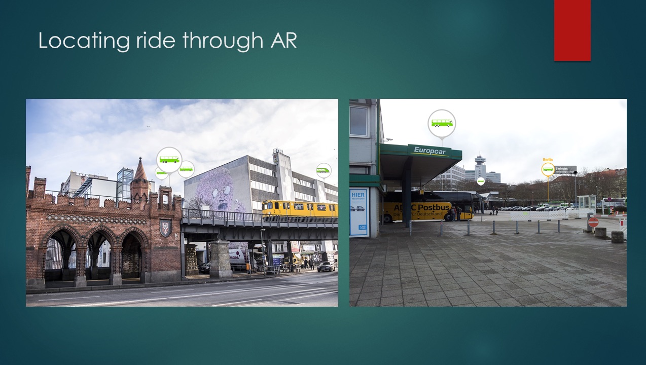 Concept frames showing an augmented-reality ride locator at transport stations